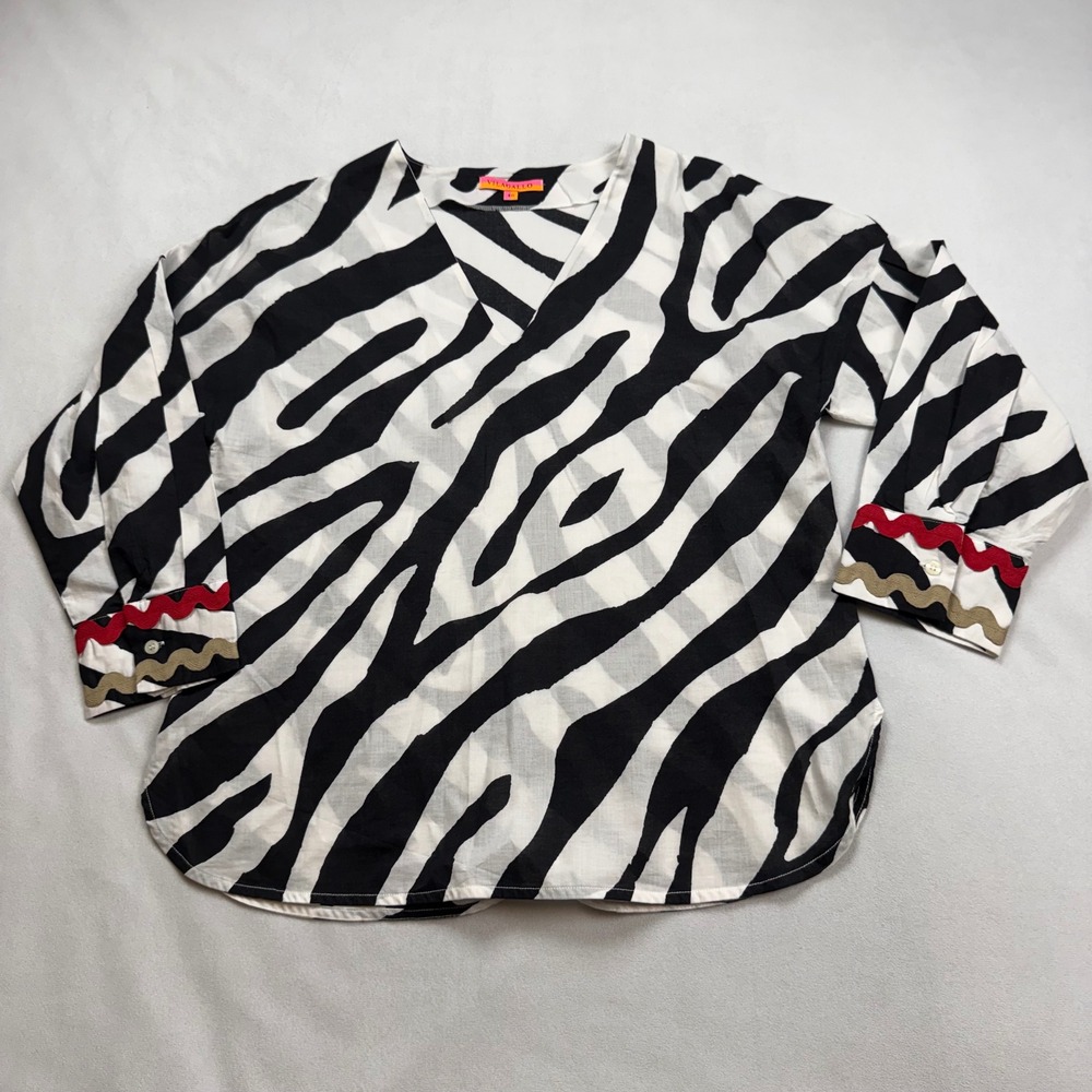 Vilagallo Zebra Print Cotton Blouse V-Neck Rickrack Cuffs Black White Size 40